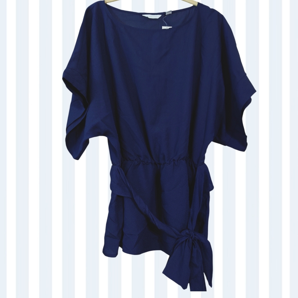 Adorable New York & Company Navy Blue Blouse with Tie Waist
